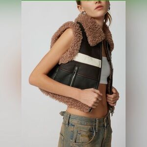Urban Outfitters Donald Moto Vest in Green, White, and Black, Brown Shearling